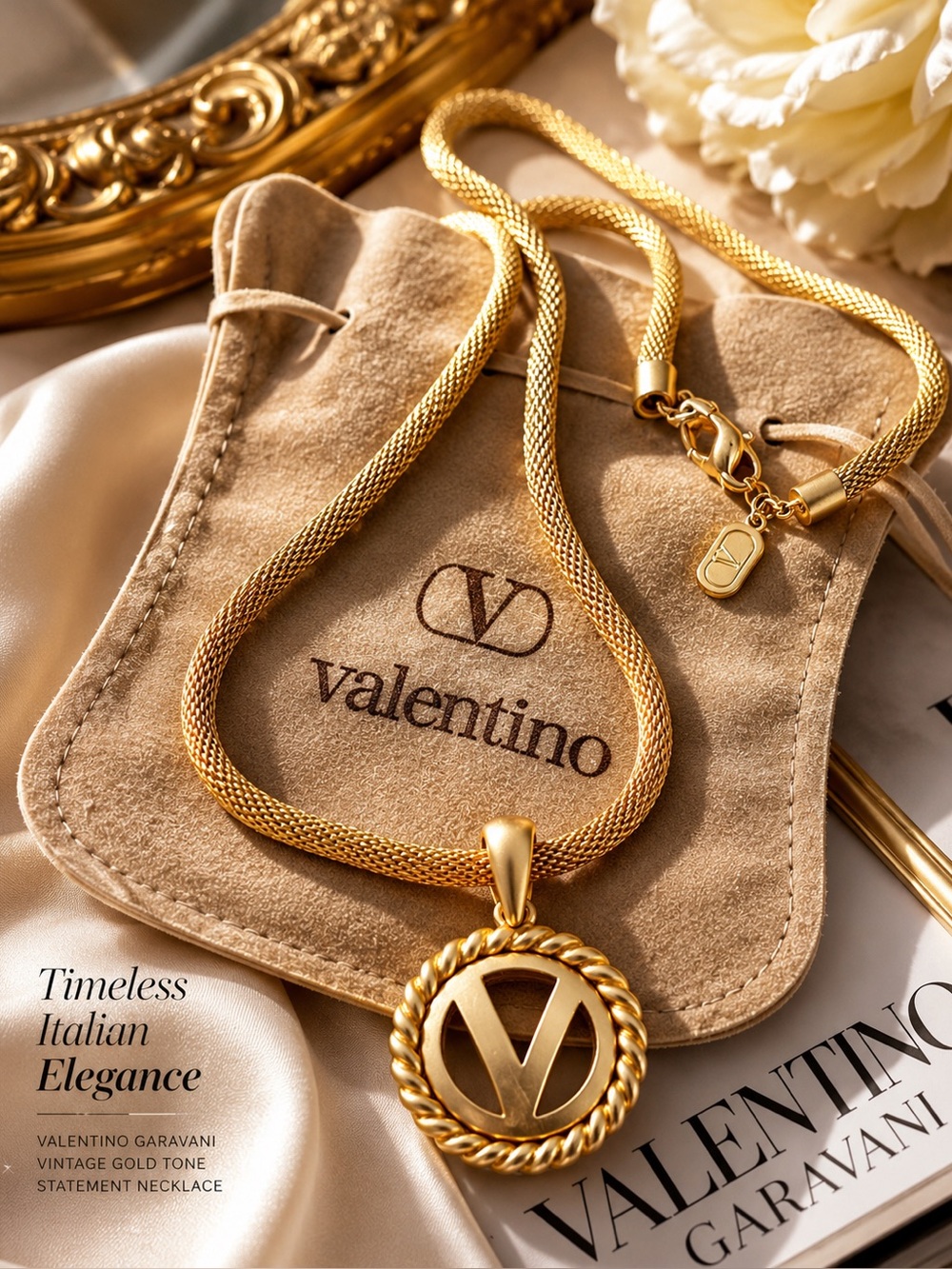 Vintage Valentino Garavani Gold Tone Logo Pendant Necklace w/Dustbag